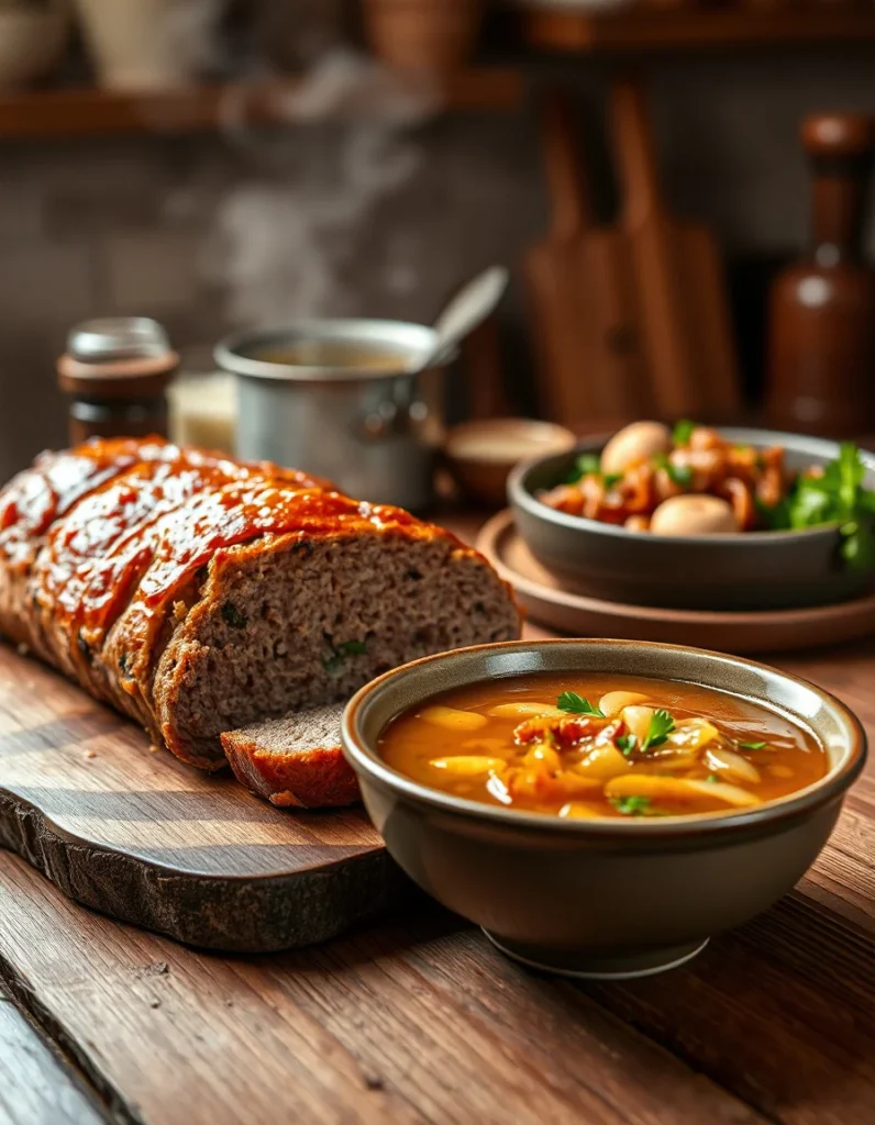 Homemade meatloaf made with onion soup mix, topped with a rich glaze, sliced and served on a plate with mashed potatoes and green beans.