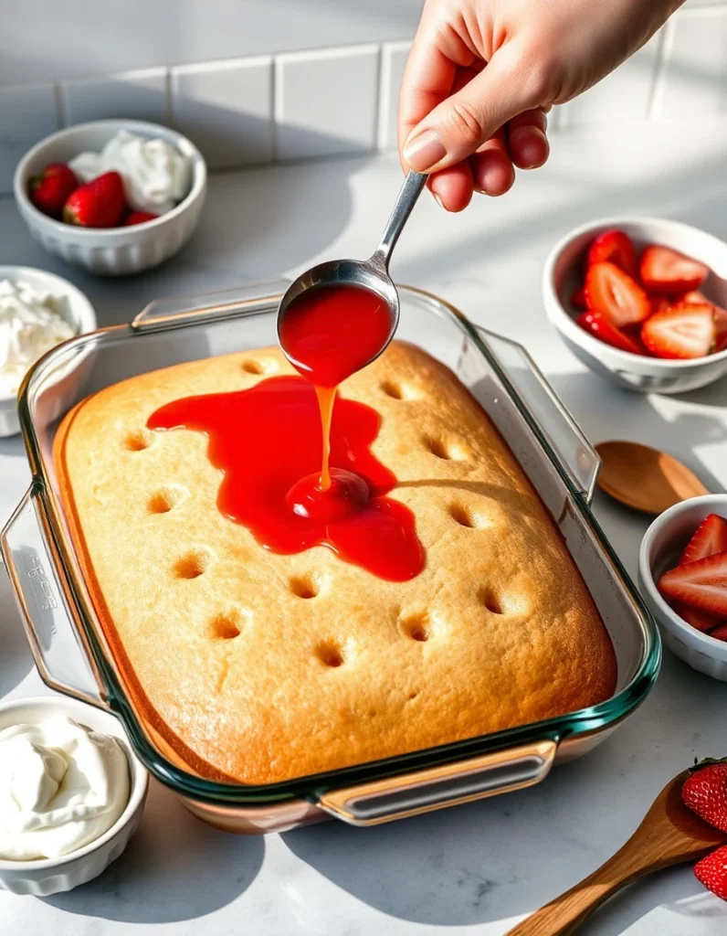 A moist strawberry poke cake topped with whipped cream and fresh strawberry slices, served on a white plate.