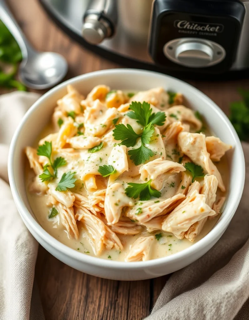 Slow cooker cream cheese chicken served in a white bowl, garnished with fresh parsley and accompanied by a side of roasted vegetables.