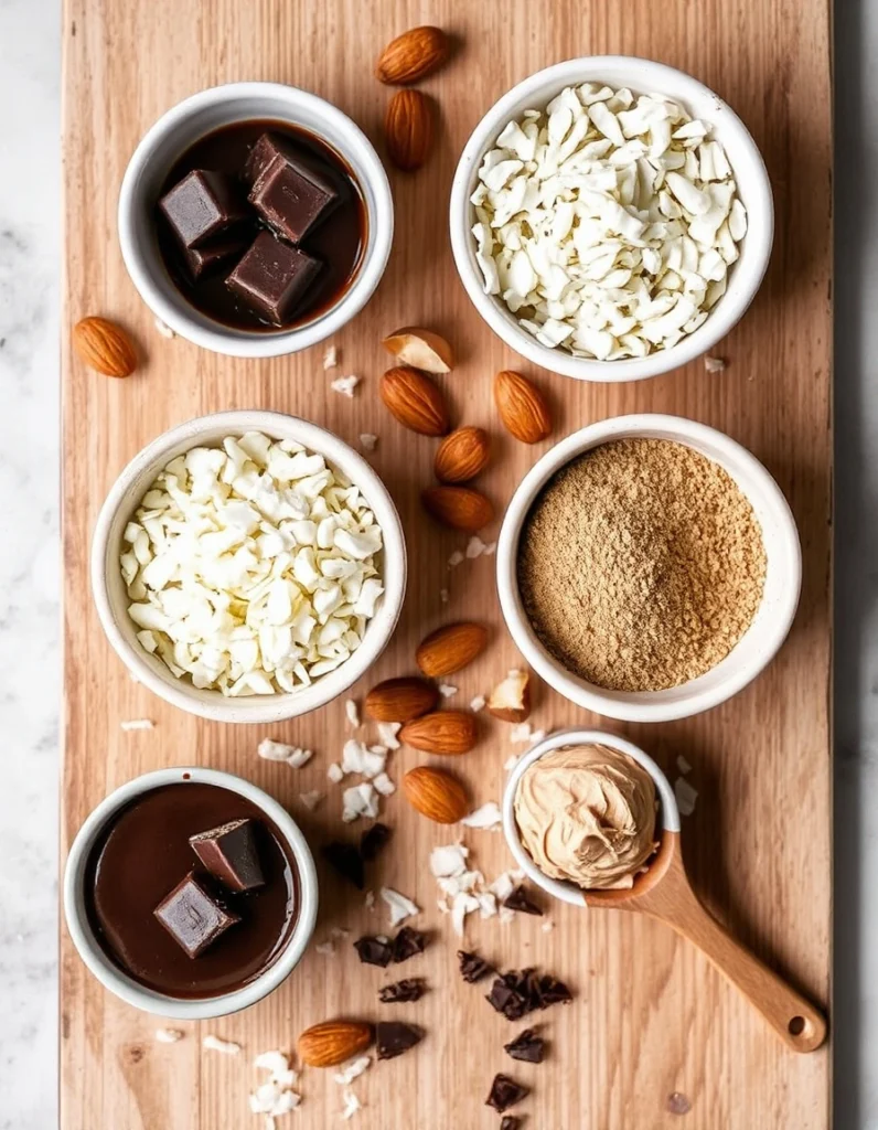 Almond Joy protein balls topped with shredded coconut and almonds, arranged on a plate with a rustic background.