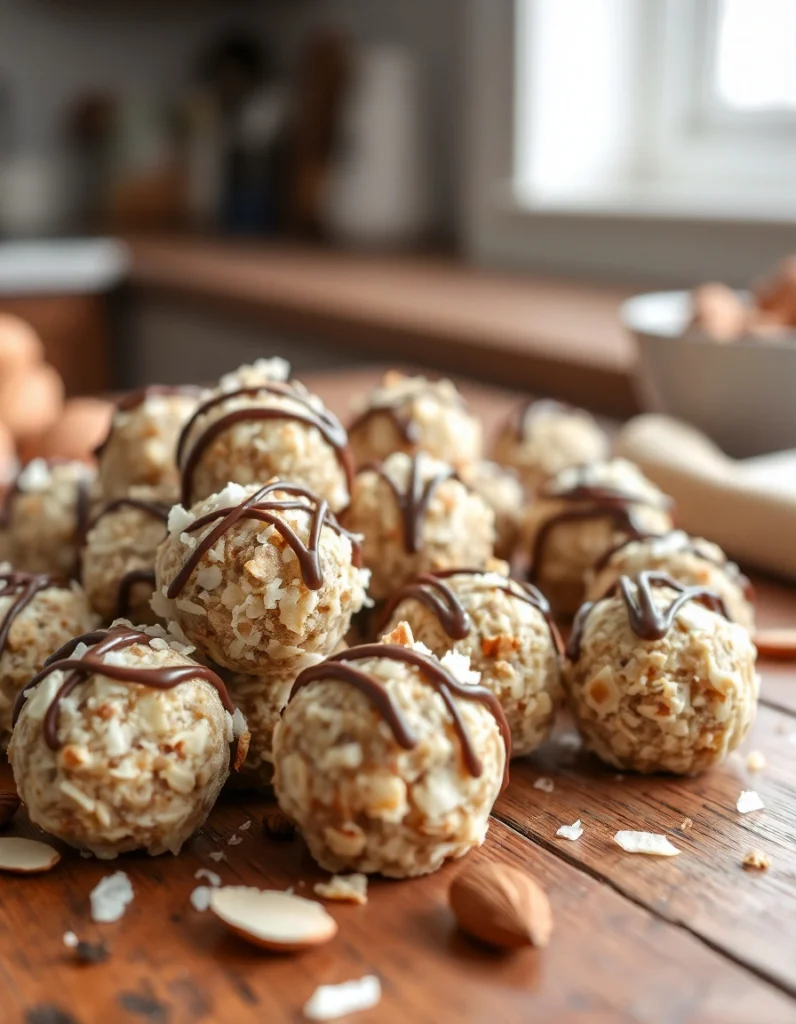 Almond Joy protein balls topped with shredded coconut and almonds, arranged on a plate with a rustic background.