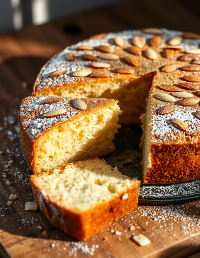 Freshly baked almond nut cake topped with sliced almonds, served on a wooden table with a side of powdered sugar and a cup of tea