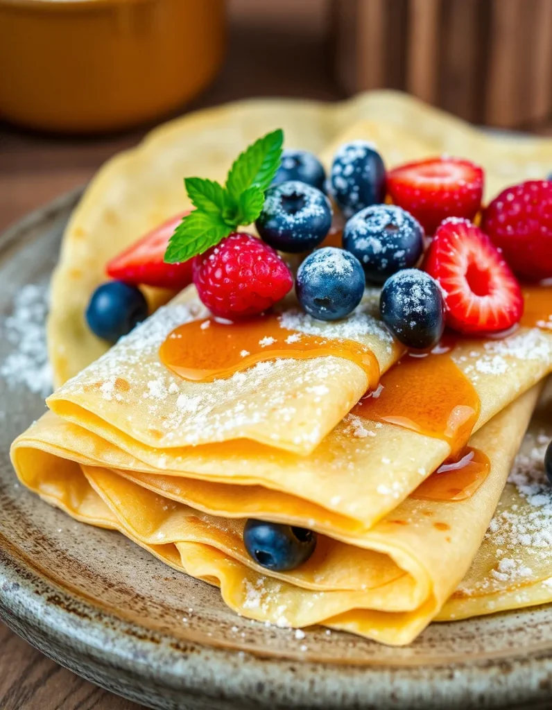 Delicate gluten-free crepes filled with fresh berries and whipped cream, served on a plate with a drizzle of honey.