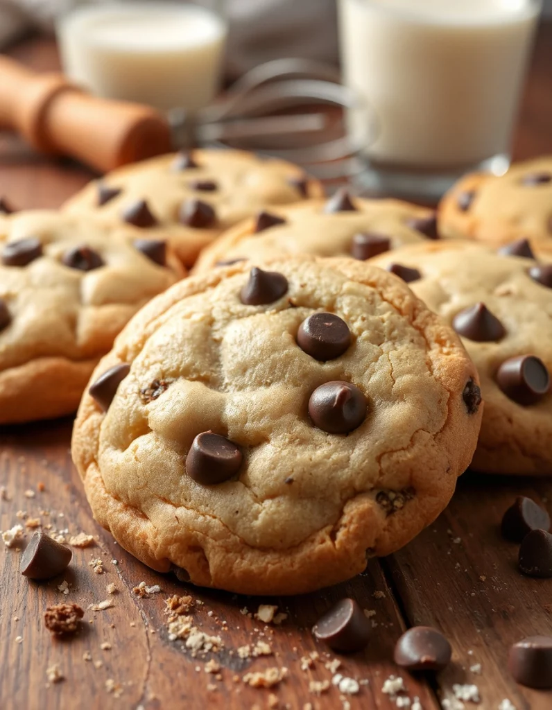 Freshly baked chocolate chip cookies with gooey melted chocolate chips, stacked on a cooling rack with a glass of milk in the background