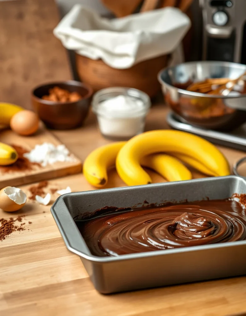 A freshly baked tray of banana brownies, with a golden-brown crust and gooey chocolate swirls, surrounded by ripe bananas and scattered chocolate chips on a wooden countertop.