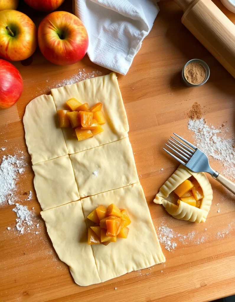 Golden, flaky old-fashioned apple turnovers filled with spiced apple filling on a wooden table with fresh apples and cinnamon sticks in the background