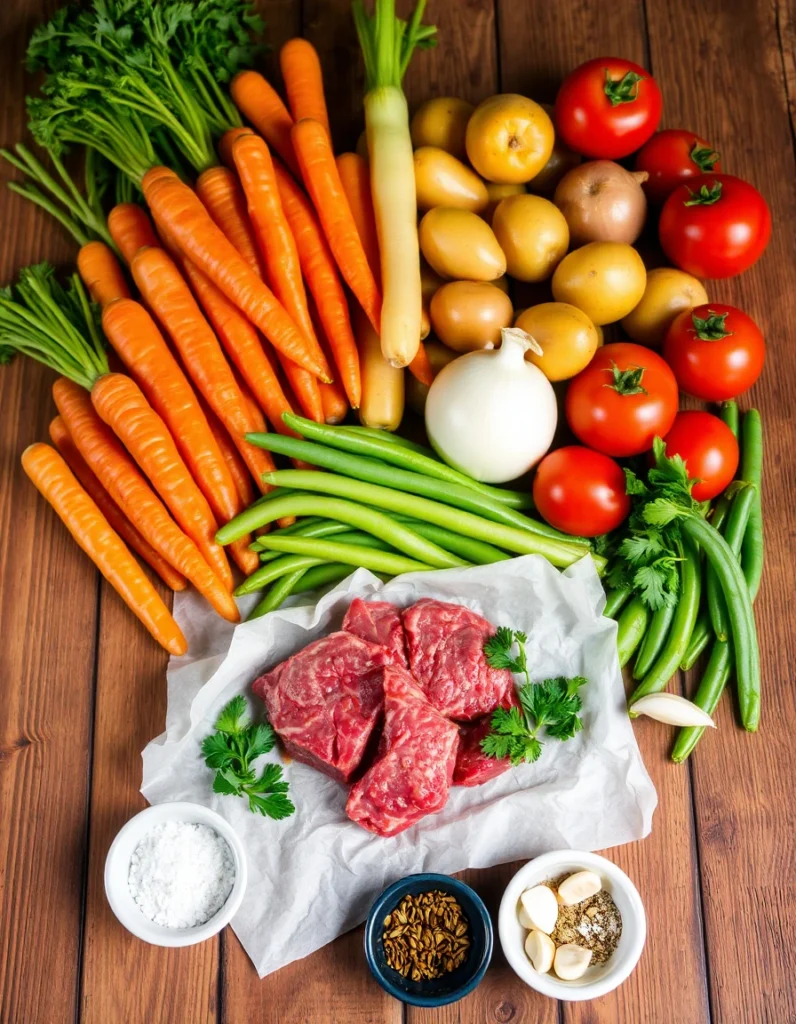 A hearty bowl of homemade vegetable beef soup with chunks of tender beef, fresh vegetables, and a savory broth.