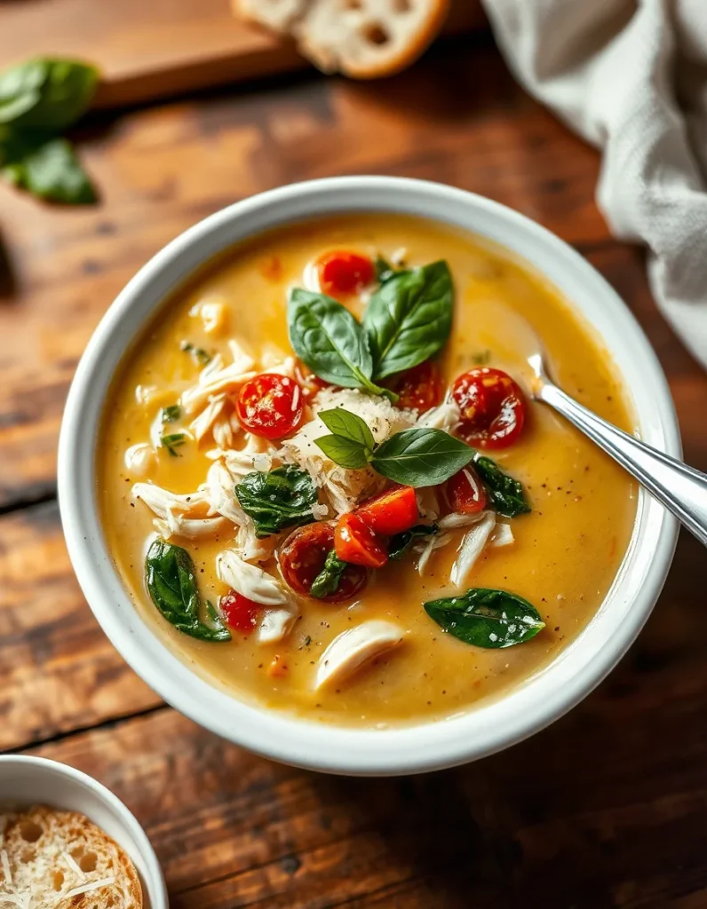 A bowl of creamy Marry Me Chicken Soup, garnished with fresh herbs and a slice of bread on the side.