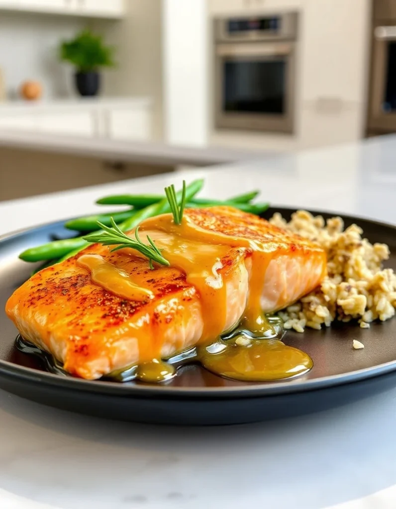 Freshly glazed honey mustard salmon fillet on a plate, garnished with herbs and served with roasted vegetables.