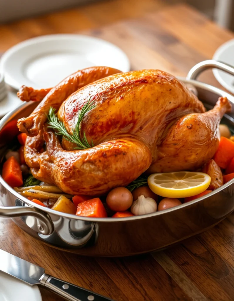 An electric turkey roaster oven with a golden, roasted turkey inside, placed on a kitchen counter with herbs and spices nearby.