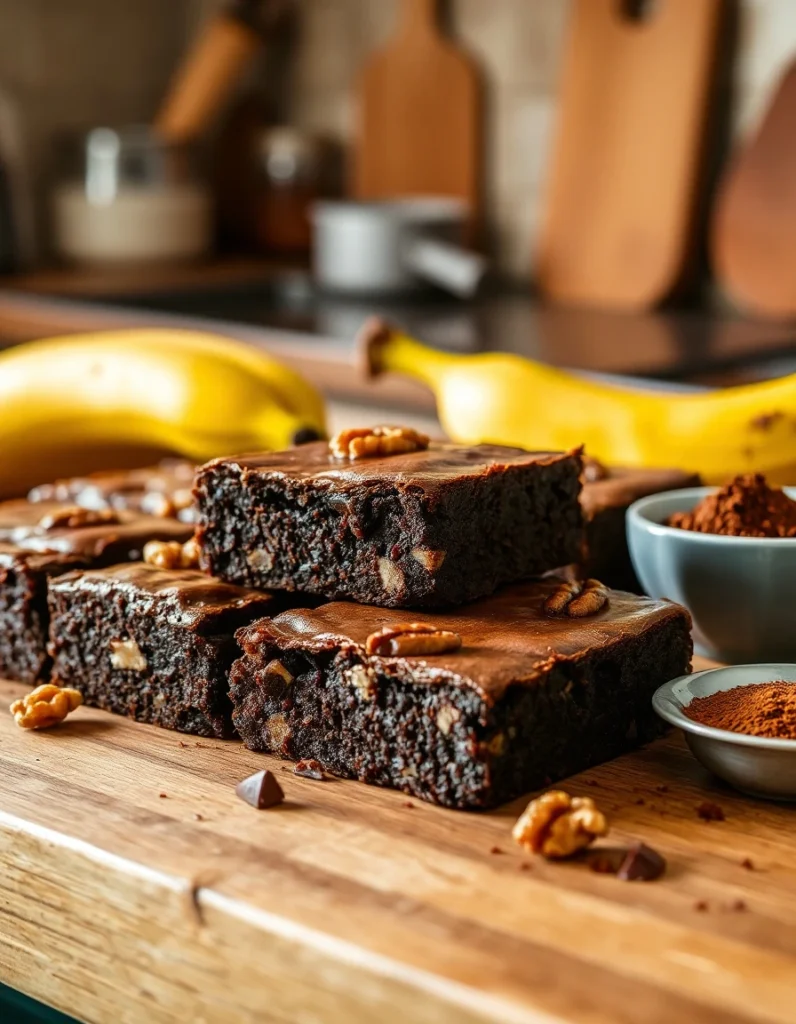 A freshly baked tray of banana brownies, with a golden-brown crust and gooey chocolate swirls, surrounded by ripe bananas and scattered chocolate chips on a wooden countertop.