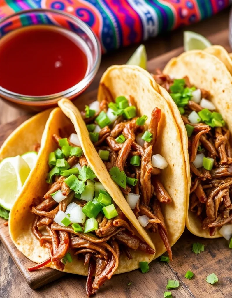 Beef birria tacos filled with tender shredded beef, crispy golden tortillas, and garnished with fresh onions and cilantro, served with lime wedges and a bowl of consommé for dipping.