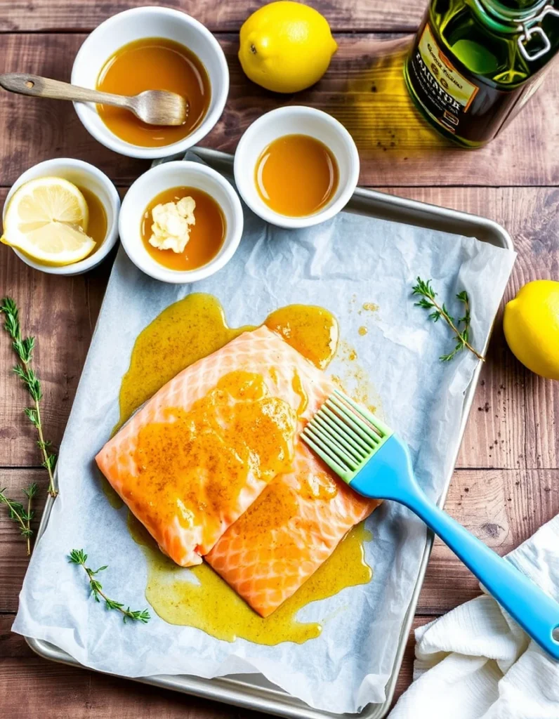 Freshly glazed honey mustard salmon fillet on a plate, garnished with herbs and served with roasted vegetables.