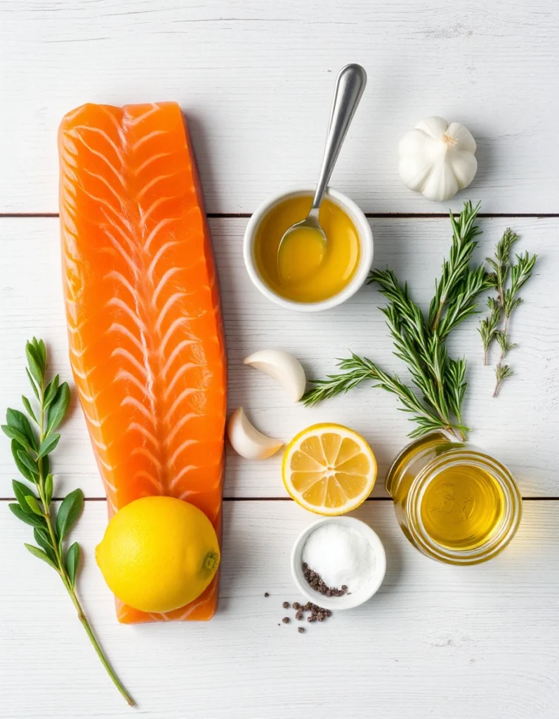 Freshly glazed honey mustard salmon fillet on a plate, garnished with herbs and served with roasted vegetables.