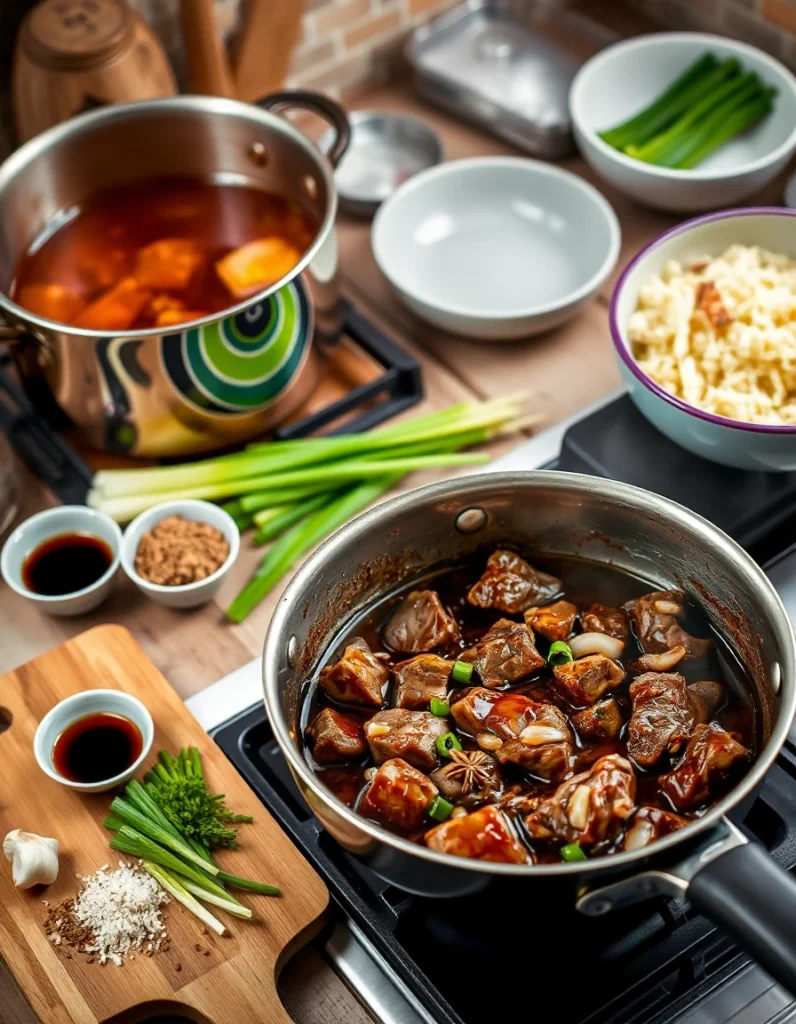 A close-up of a traditional Beef Pares dish featuring tender beef chunks in a glossy soy-based sauce, served with garlic fried rice and a bowl of clear beef soup.