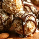 No-bake almond protein balls coated in shredded coconut and drizzled with chocolate, served on a wooden surface with scattered almonds.