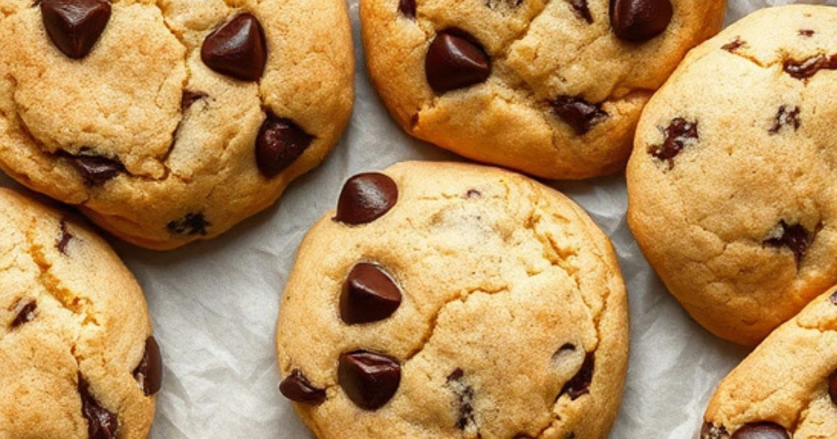 Freshly baked chocolate chip cookies with gooey melted chocolate chips, stacked on a cooling rack with a glass of milk in the background