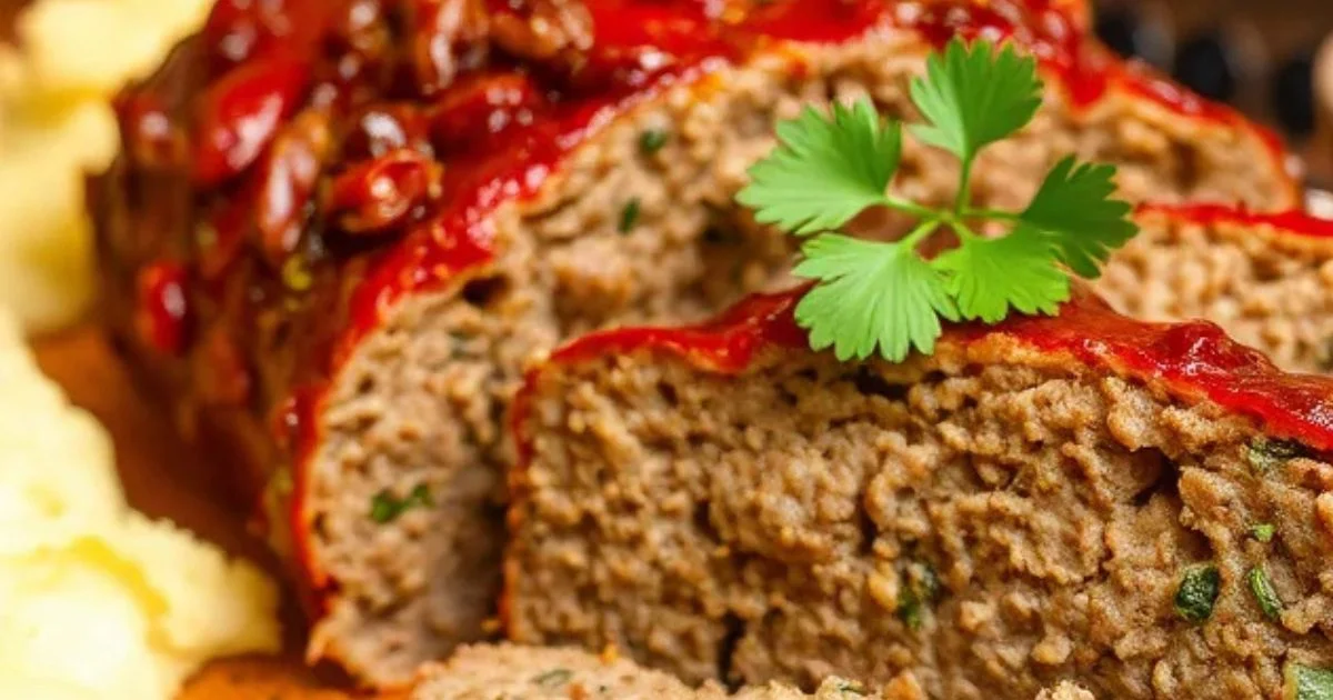 Homemade meatloaf made with onion soup mix, topped with a rich glaze, sliced and served on a plate with mashed potatoes and green beans.