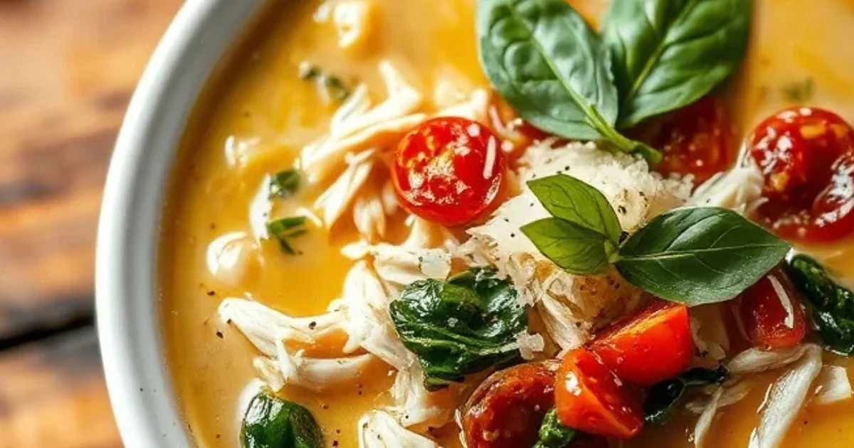 A bowl of creamy Marry Me Chicken Soup, garnished with fresh herbs and a slice of bread on the side.