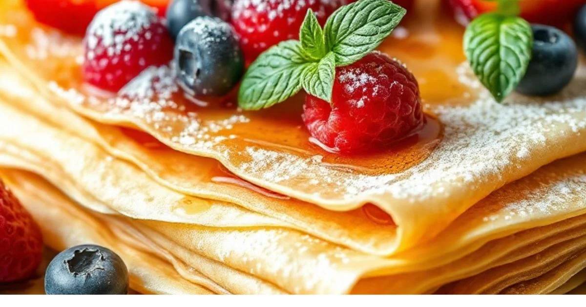 Delicate gluten-free crepes filled with fresh berries and whipped cream, served on a plate with a drizzle of honey.