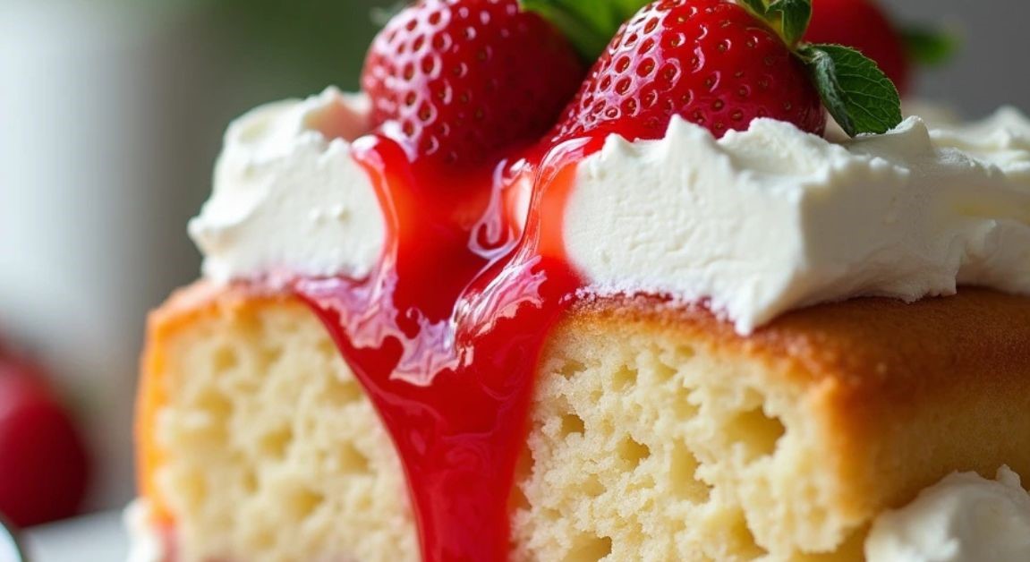 A moist strawberry poke cake topped with whipped cream and fresh strawberry slices, served on a white plate.