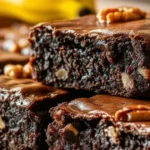 A freshly baked tray of banana brownies, with a golden-brown crust and gooey chocolate swirls, surrounded by ripe bananas and scattered chocolate chips on a wooden countertop.