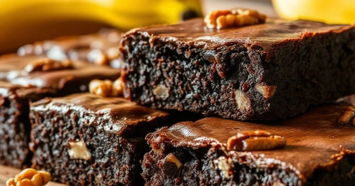 A freshly baked tray of banana brownies, with a golden-brown crust and gooey chocolate swirls, surrounded by ripe bananas and scattered chocolate chips on a wooden countertop.