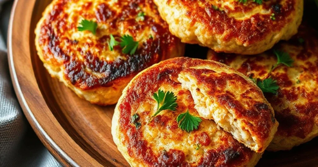 Golden-brown salmon patties served on a plate with a side of fresh lemon wedges and parsley garnish