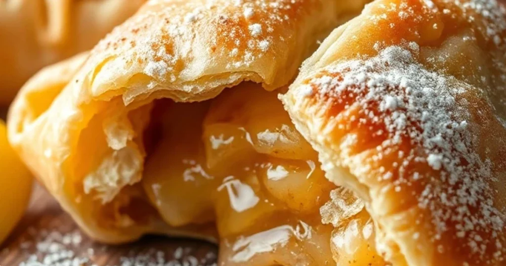 Golden, flaky old-fashioned apple turnovers filled with spiced apple filling on a wooden table with fresh apples and cinnamon sticks in the background