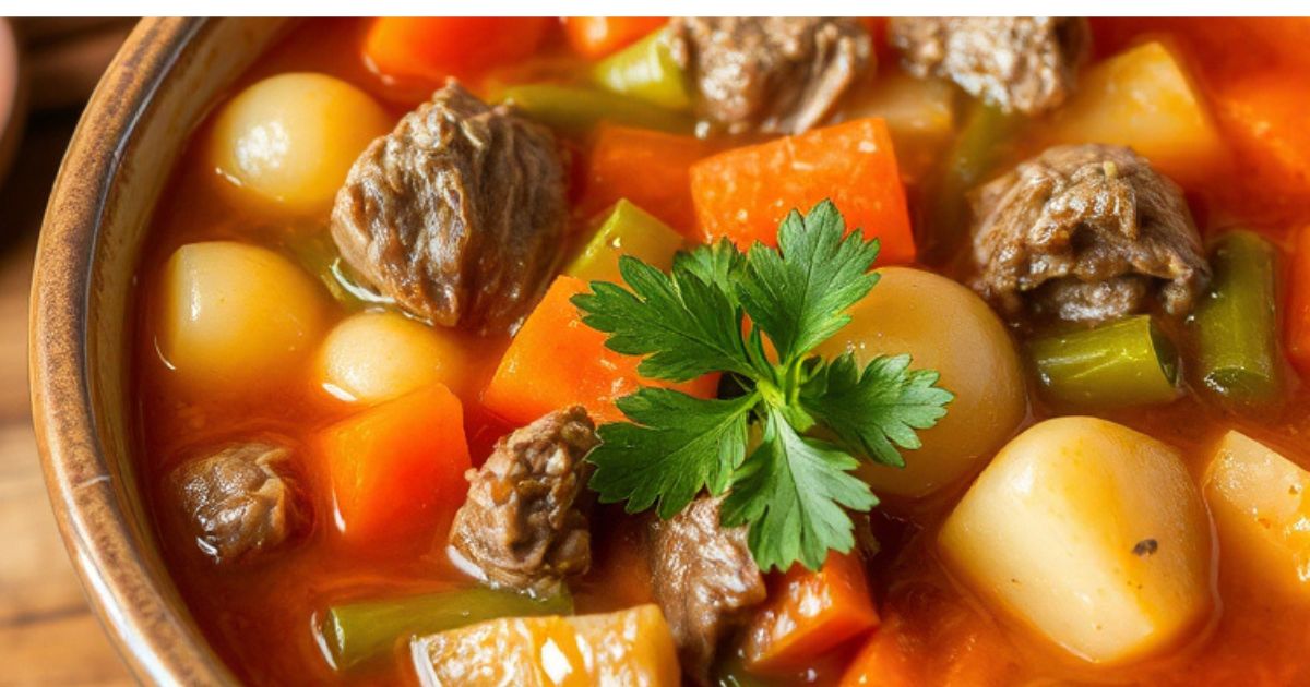 A hearty bowl of homemade vegetable beef soup with chunks of tender beef, fresh vegetables, and a savory broth.