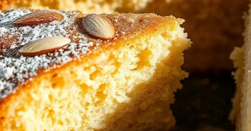 Freshly baked almond nut cake topped with sliced almonds, served on a wooden table with a side of powdered sugar and a cup of tea