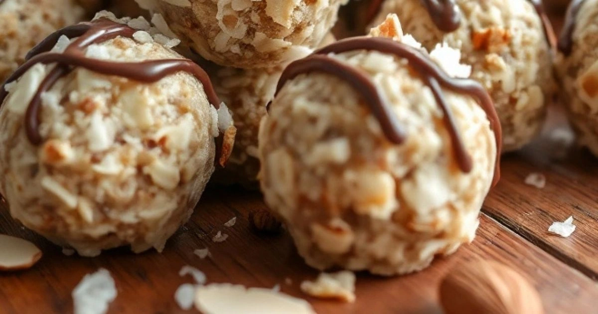 Almond Joy protein balls topped with shredded coconut and almonds, arranged on a plate with a rustic background.