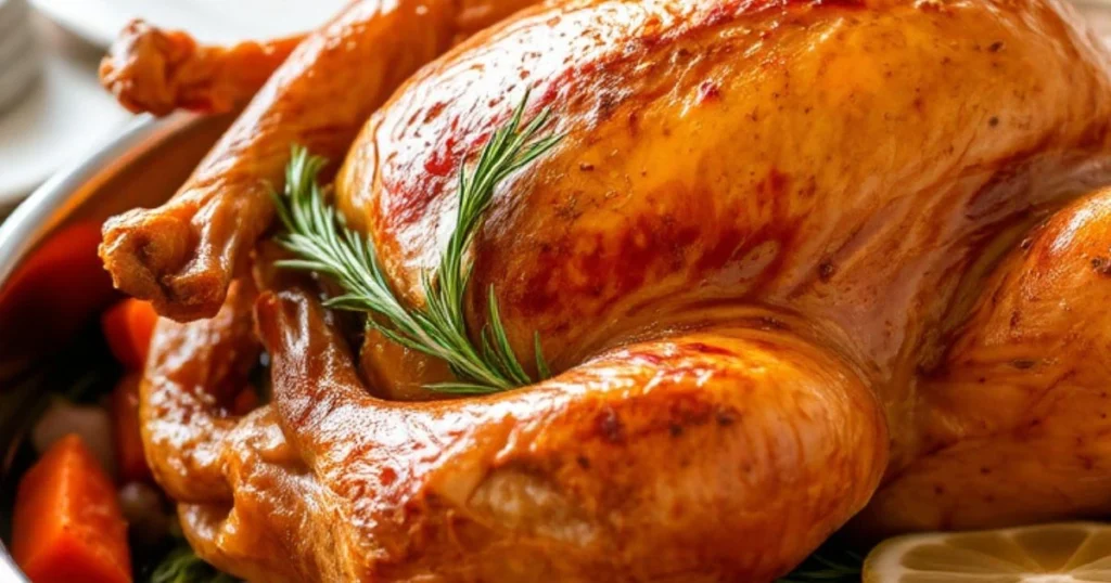 An electric turkey roaster oven with a golden, roasted turkey inside, placed on a kitchen counter with herbs and spices nearby.