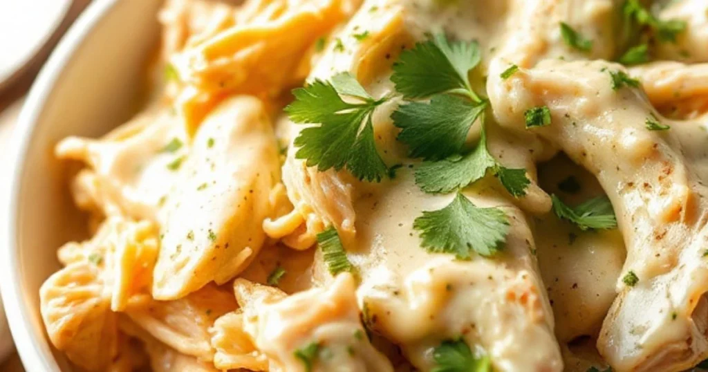 Slow cooker cream cheese chicken served in a white bowl, garnished with fresh parsley and accompanied by a side of roasted vegetables.