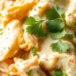 Slow cooker cream cheese chicken served in a white bowl, garnished with fresh parsley and accompanied by a side of roasted vegetables.