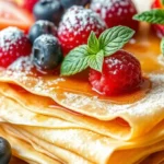 Gluten-free crepes stacked with fresh berries and maple syrup
