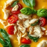 Creamy Marry Me Chicken Soup with shredded chicken, cherry tomatoes, spinach, and basil in a rich golden broth.
