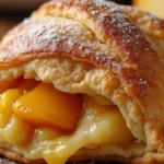 Golden brown peach turnover with flaky pastry and a juicy peach filling, dusted with powdered sugar and surrounded by fresh peaches.