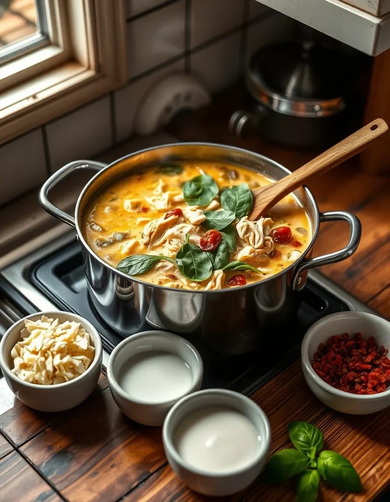 A bowl of creamy Marry Me Chicken Soup, garnished with fresh herbs and a slice of bread on the side.