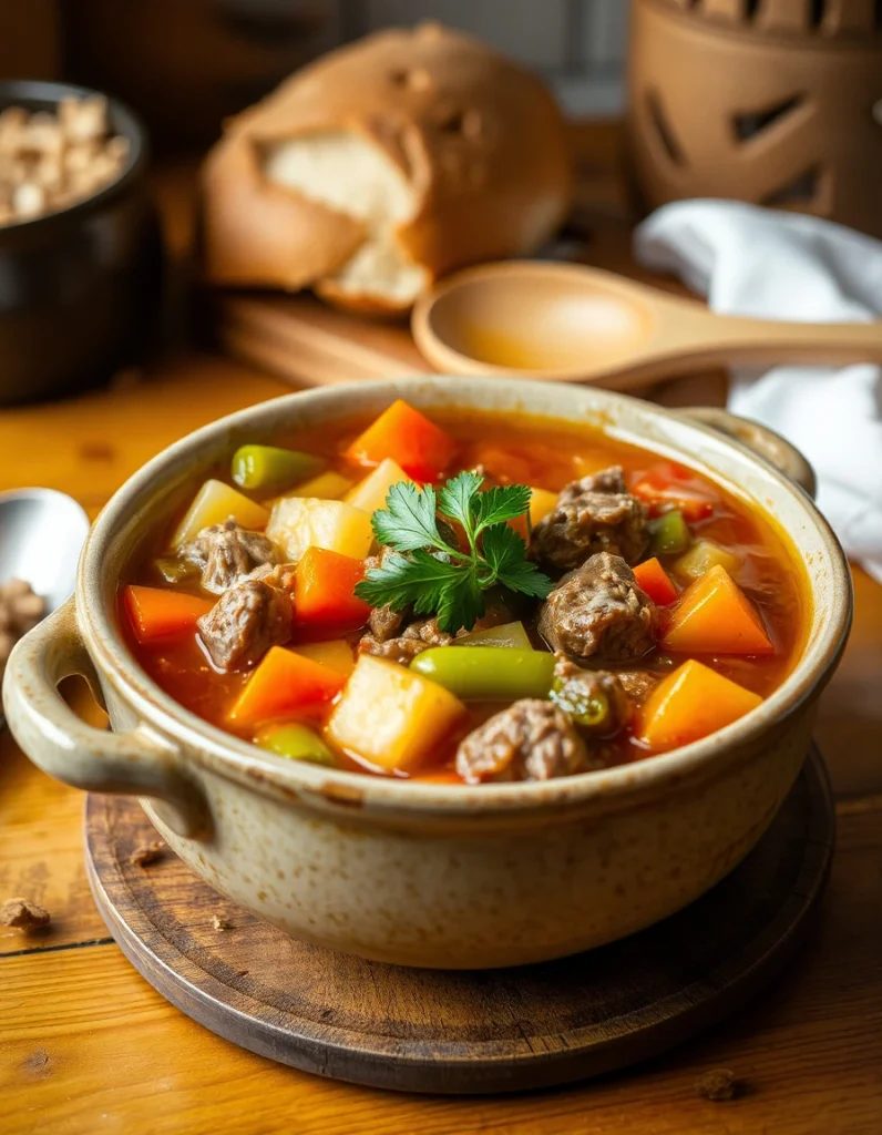 A hearty bowl of homemade vegetable beef soup with chunks of tender beef, fresh vegetables, and a savory broth.