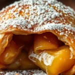 Golden brown old fashioned apple turnover with flaky puff pastry and spiced apple filling dusted with powdered sugar.