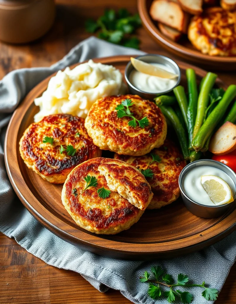 Golden-brown salmon patties served on a plate with a side of fresh lemon wedges and parsley garnish