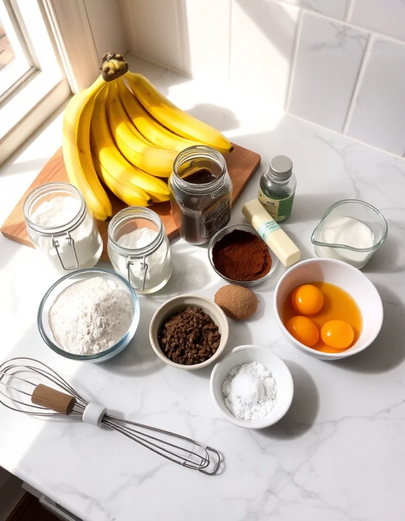 A freshly baked tray of banana brownies, with a golden-brown crust and gooey chocolate swirls, surrounded by ripe bananas and scattered chocolate chips on a wooden countertop.