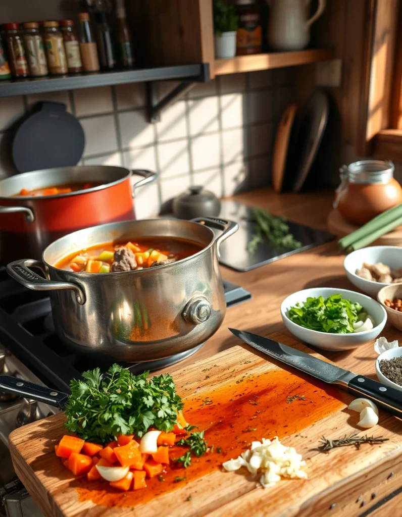 A hearty bowl of homemade vegetable beef soup with chunks of tender beef, fresh vegetables, and a savory broth.