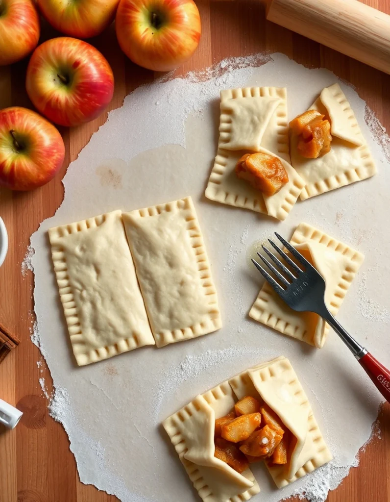 Golden, flaky old-fashioned apple turnovers filled with spiced apple filling on a wooden table with fresh apples and cinnamon sticks in the background