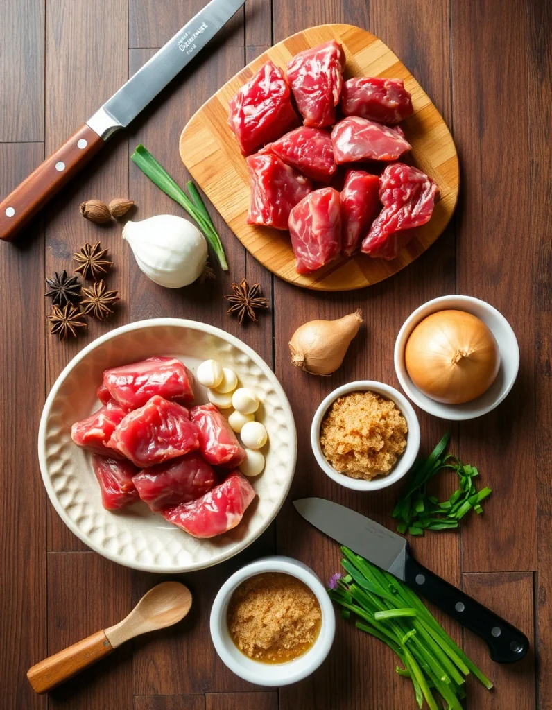 A close-up of a traditional Beef Pares dish featuring tender beef chunks in a glossy soy-based sauce, served with garlic fried rice and a bowl of clear beef soup.