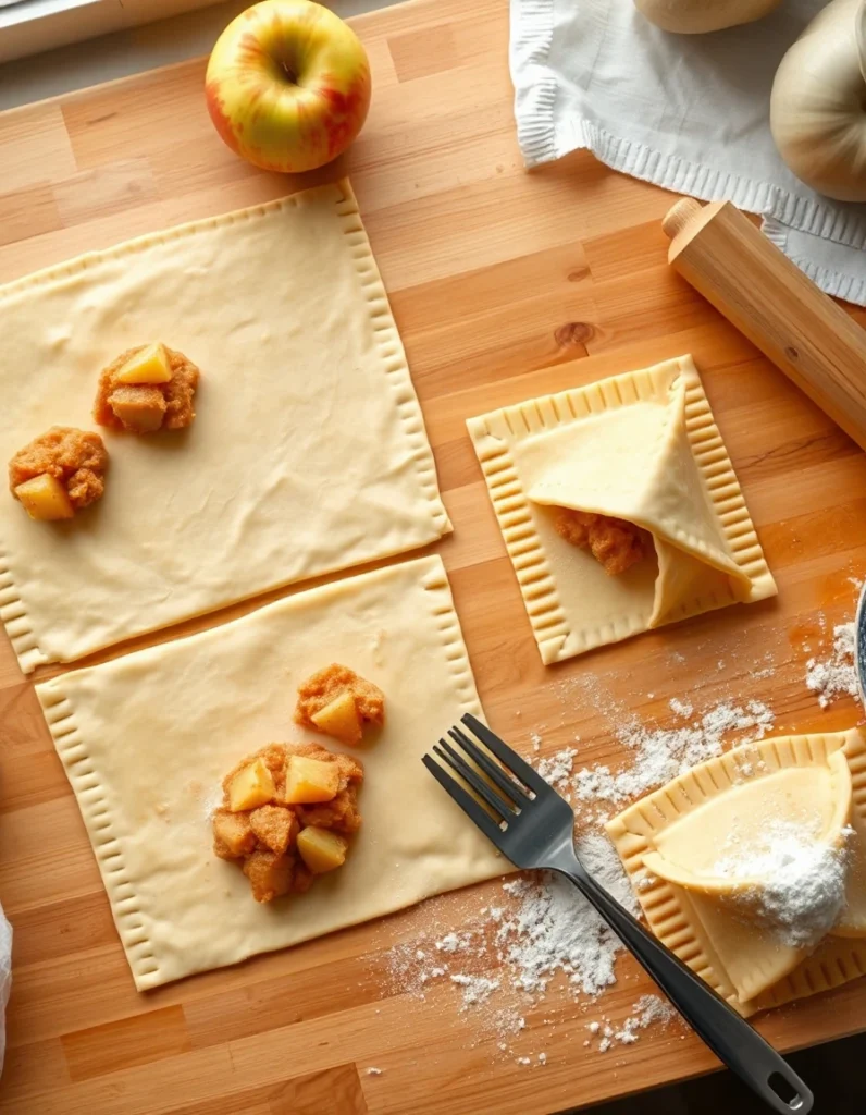 Golden, flaky old-fashioned apple turnovers filled with spiced apple filling on a wooden table with fresh apples and cinnamon sticks in the background