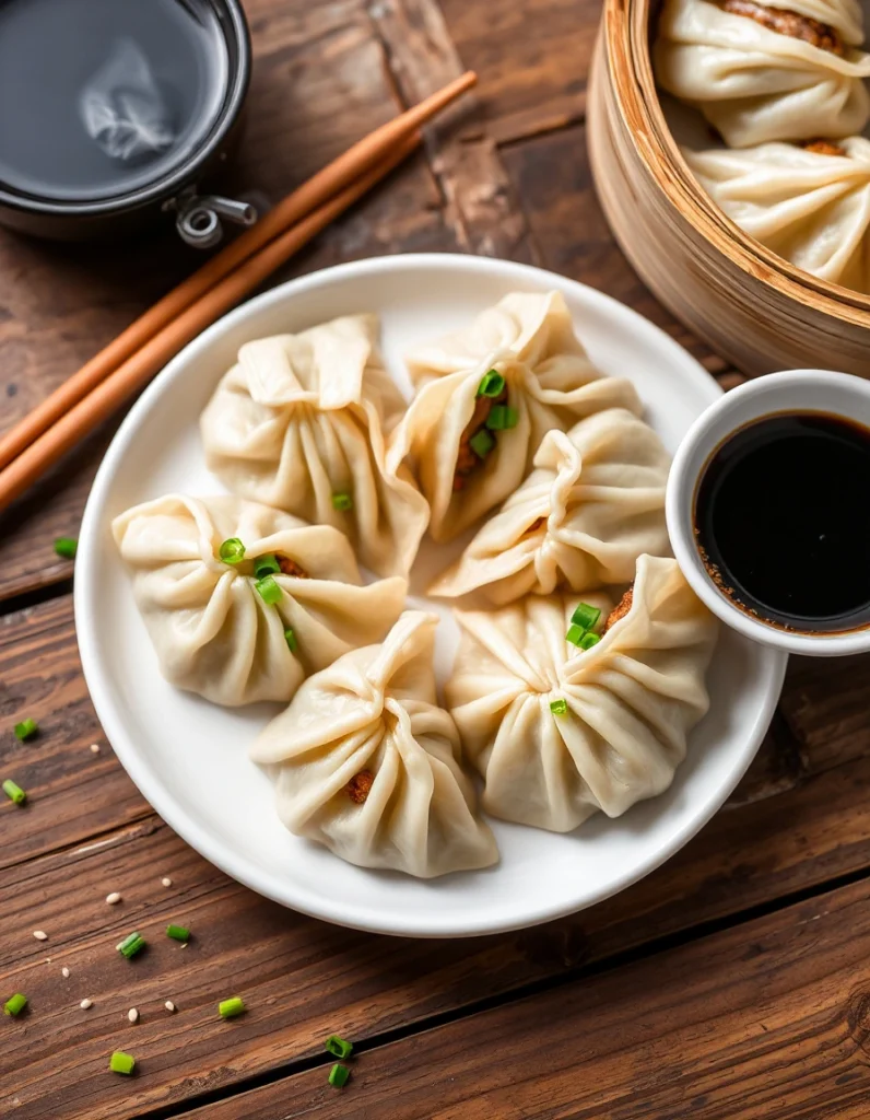 Delicious Pork Chive Dumplings served on a plate with dipping sauce.