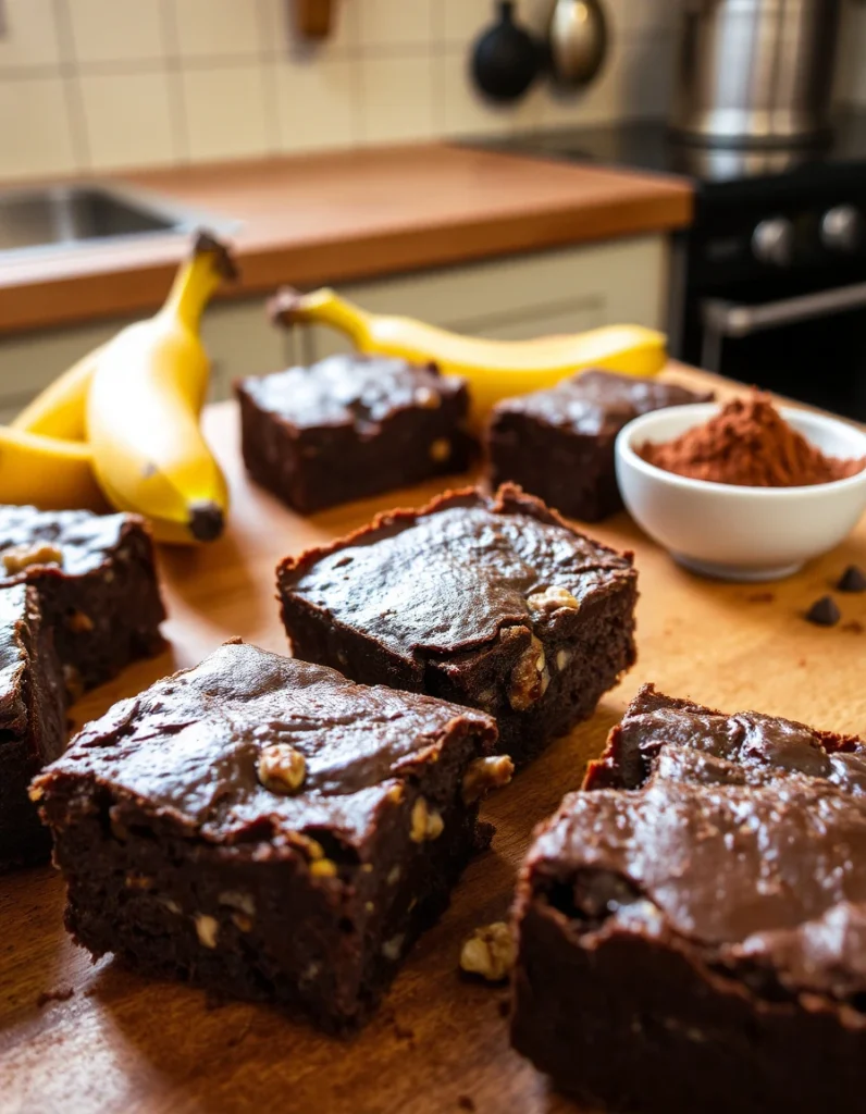 A freshly baked tray of banana brownies, with a golden-brown crust and gooey chocolate swirls, surrounded by ripe bananas and scattered chocolate chips on a wooden countertop.