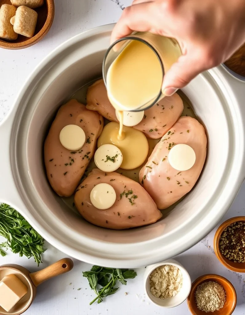 Slow cooker cream cheese chicken served in a white bowl, garnished with fresh parsley and accompanied by a side of roasted vegetables.